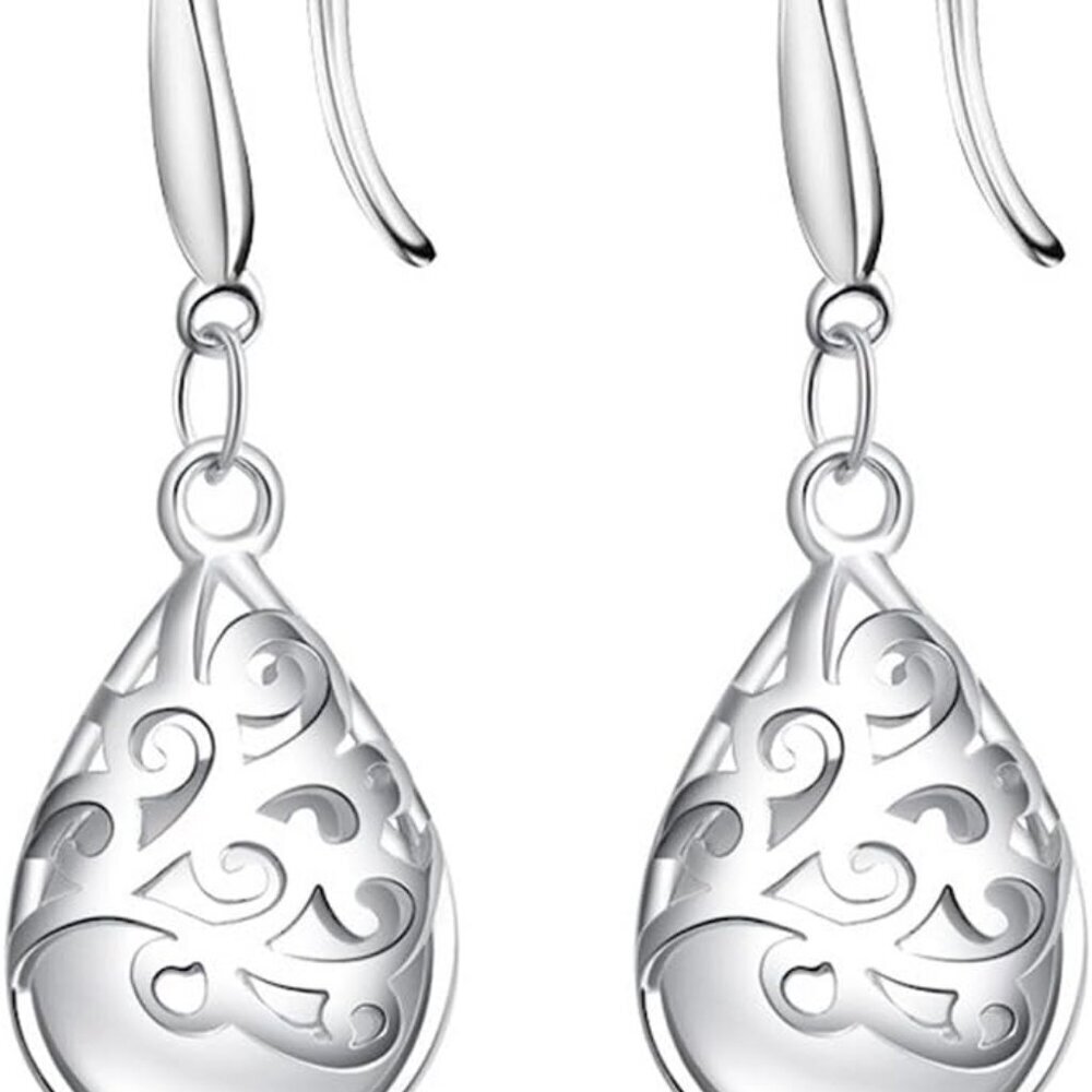 Sterling Silver Dangle Earrings Filigree Teardrop Zircon For Women